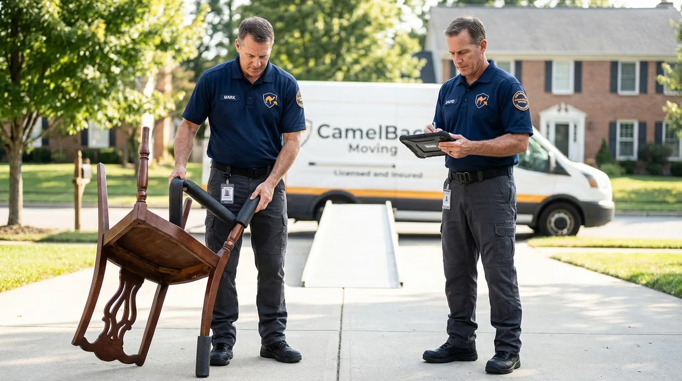 Movers inspecting furniture for damage prevention before loading in Valley Center, CA