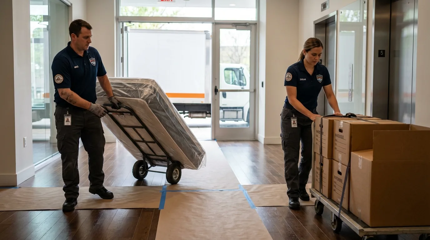 Professional apartment movers loading elevator in Valley Center, CA